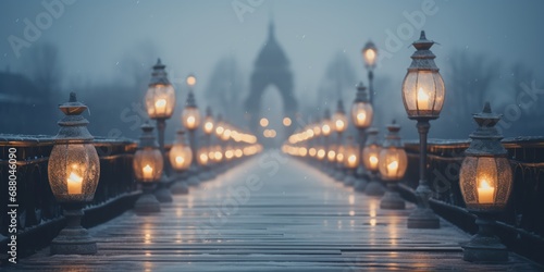 Lanterns glow softly, guiding over a frosty bridge into the evening fog.