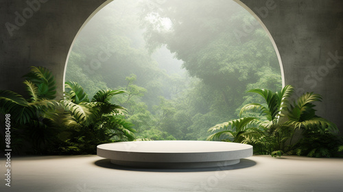 Empty concrete room, Large circular window, Round podium, Minimalist design, Nature background, AI Generated