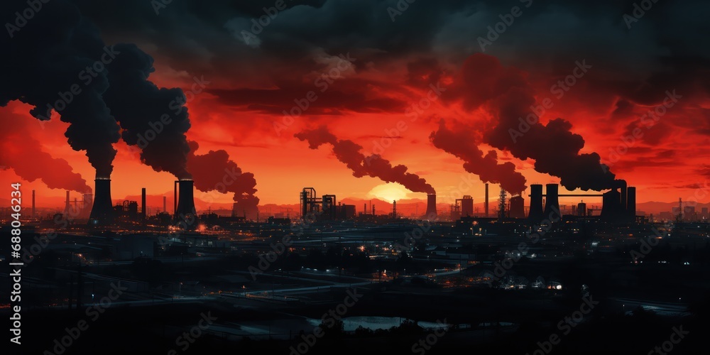 Industrial landscape is silhouetted against a fiery evening sky.
