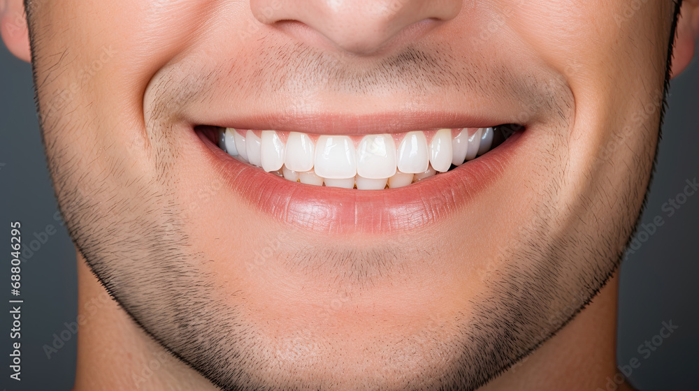 Obraz premium sweet smile of handsome man close up with chin, nose and mouth with very clean and perfect teeth looking for dental services advertisement on white background