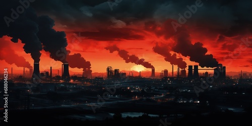 Industrial landscape is silhouetted against a fiery evening sky.