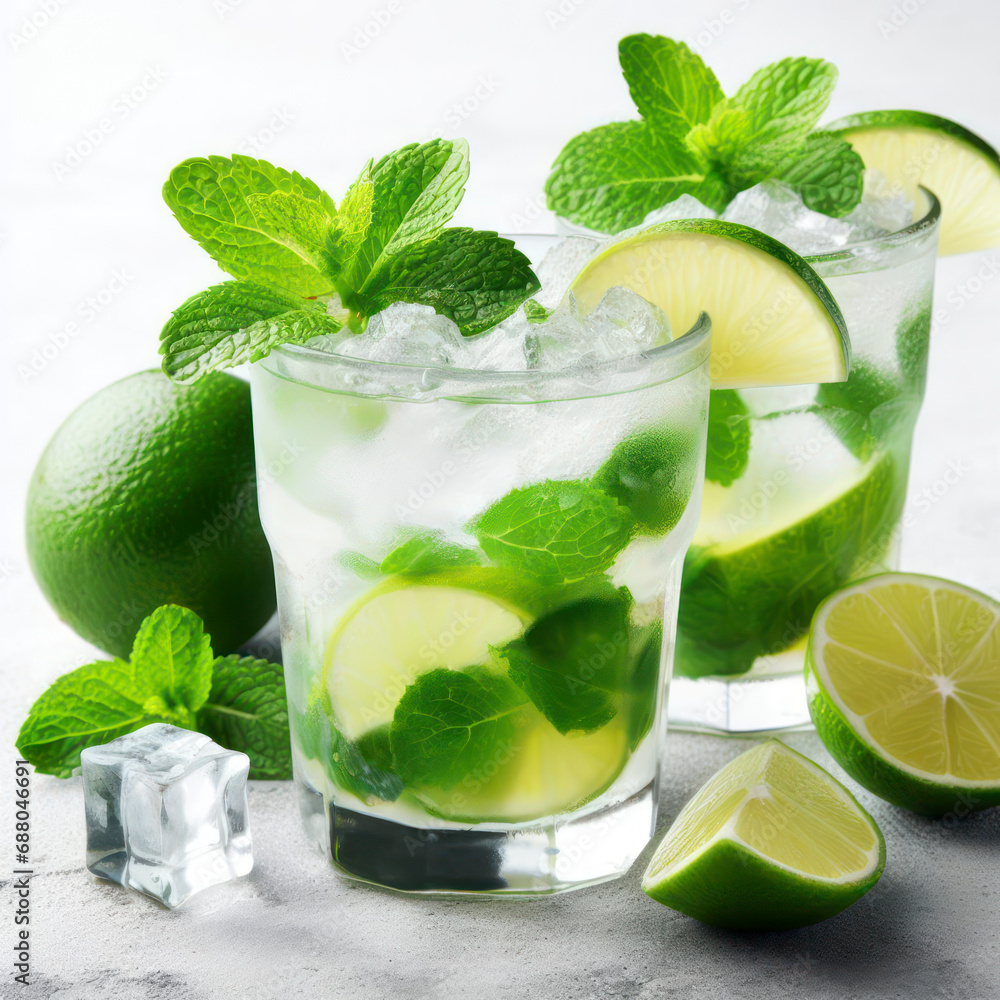 Mojito cocktail with mint and lime isolated on a white background. ai generative Mojito cocktail with mint and lime isolated on a white background. ai generative