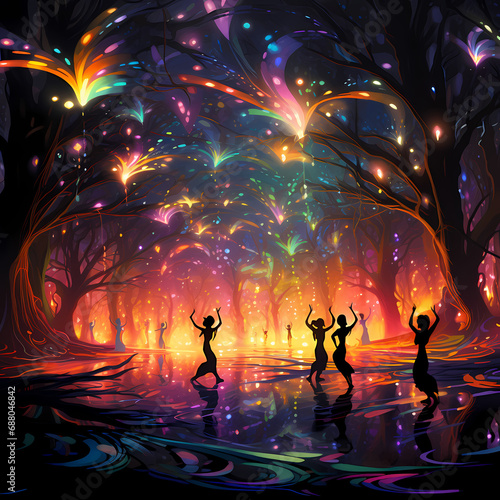 a ballet featuring the chromatic glow of lights, abstract fireflies, an oasis setting, and mirage-like distortions during nightfall