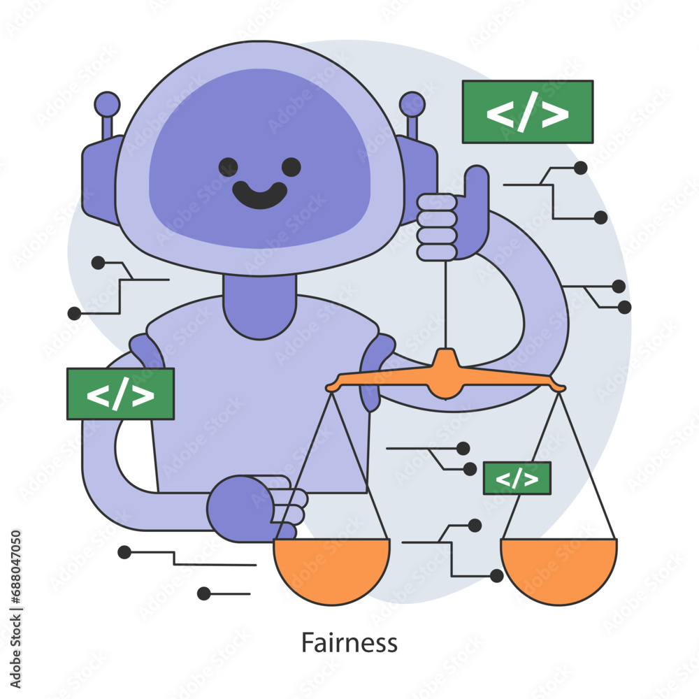 AI ethics concept. Robot balanced scales, unbiased algorithmic fairness. Justice and equality. Artificial intelligence alignment and normative control. Flat vector illustration