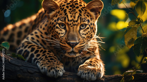 large beautiful leopard jaguar squatted on a tree looking down at the middle of forest with golden lights while facing forward created with Generative AI technology