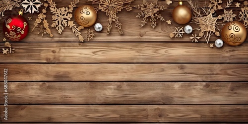 Rustic christmas elegance. Vintage frame with festive decor. Holiday nostalgia. Old wooden table adorned with xmas ornaments