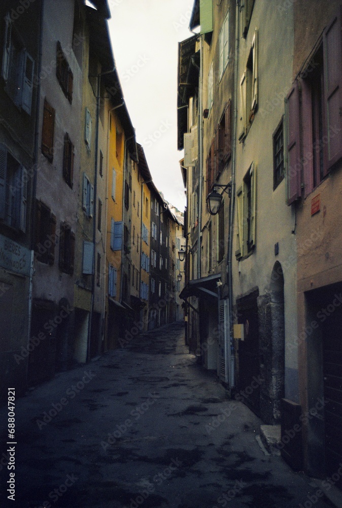 analog photography street in briaçon in the alps color film