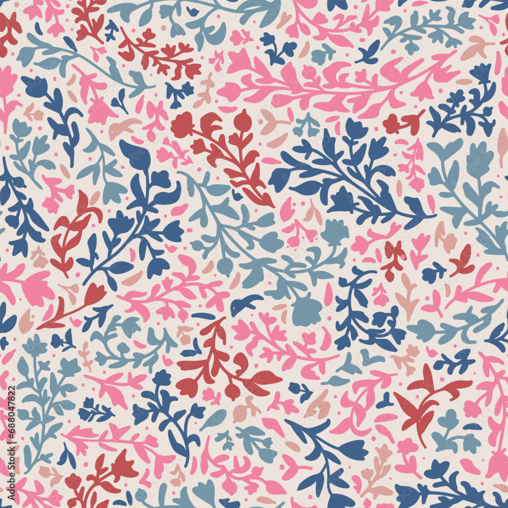 Random placed, different botanical elements seamless repeat pattern on beige background. Multicolored, vector flowers, leaves, herbs, branches and more all over surface print. Random placed, different botanical elements seamless repeat pattern on beige background. Multicolored, vector flowers, leaves, herbs, branches and more all over surface print.
