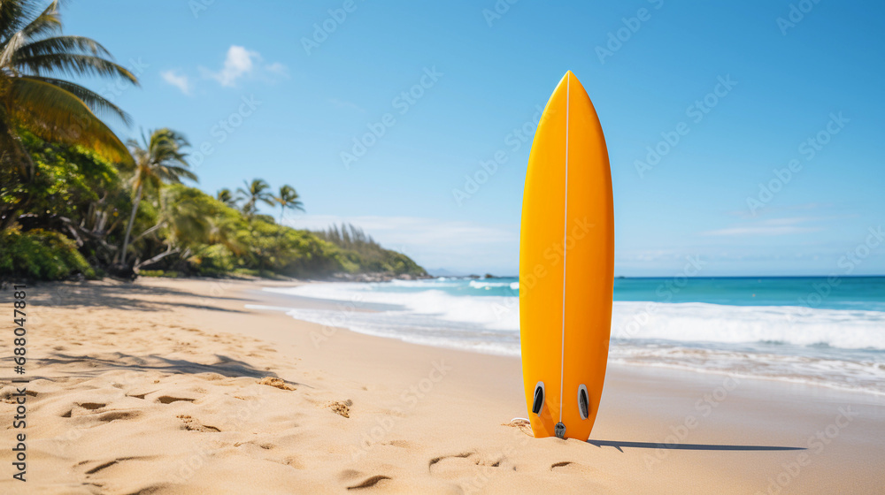 Golden Hour Surfing: A Vibrant Yellow Surfboard Basking in the Sunlight, Embodying Summer Leisure and Joy
