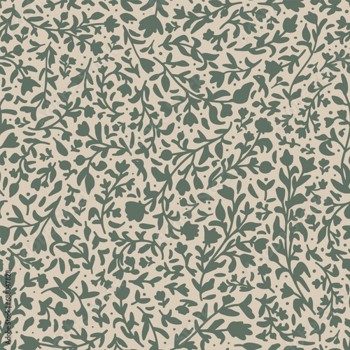 Sage green botany seamless repeat pattern. Random placed, vector flowers with leaves, herbs and branches all over surface print on beige background.