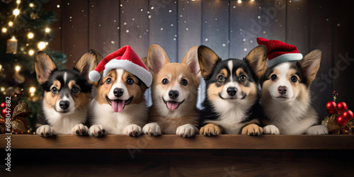 Cute little Christmas border collie puppy dogs in a row 