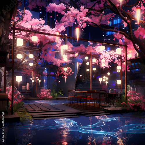 a symphony featuring the chromatic glow of neon lights, abstract sakura elements in an oasis setting with mirage-like distortions