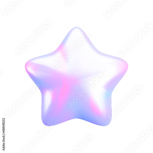 Vector 3d holographic star icon on white background. Cute realistic cartoon 3d render, glossy hologram metallic element, rainbow blue pink star for decoration, web, game design, app.
