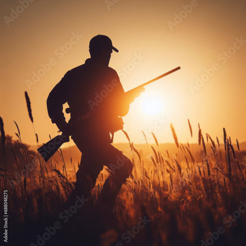 silhouette man hunter with gun while walking on field, sun set. ai generative