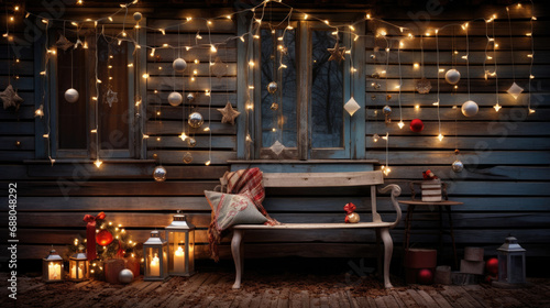 nostalgic vintage old log wooden cabin style with Christmas ornaments balls and lights on a snowy Christmas night created with Generative AI technology