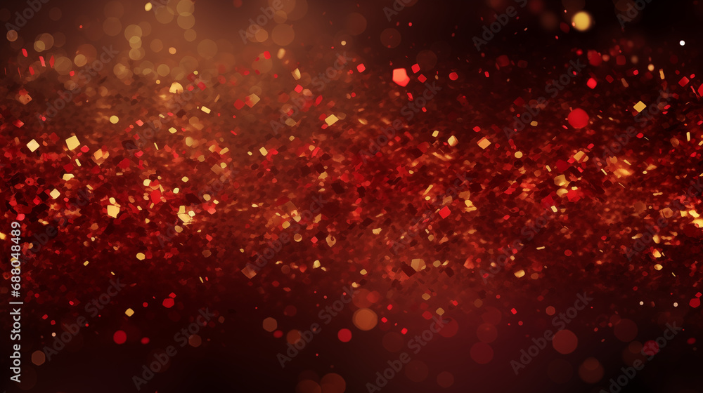 Abstract background with red and gold particles. Christmas Golden Light shining particles both on a red background. Gold foil texture. Holiday concept. 