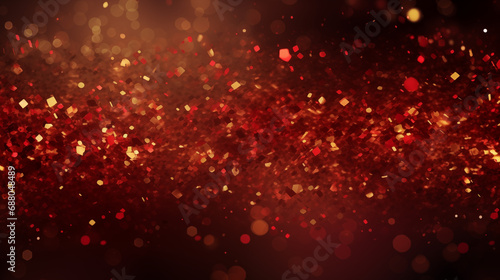 Abstract background with red and gold particles. Christmas Golden Light shining particles both on a red background. Gold foil texture. Holiday concept. 