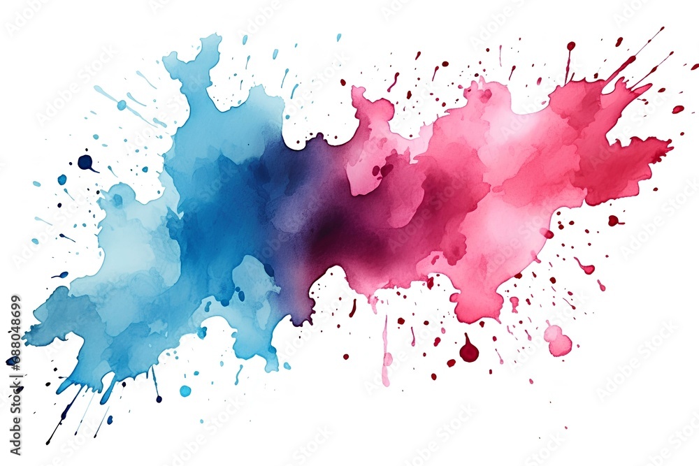 Spot with splashes of blue red watercolor paint, isolated on a white background.
