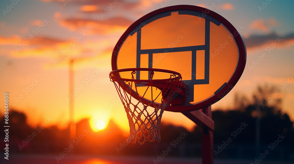Twilight Games: Basketball Hoop Illuminated by the Fading Light of Dusk, Embracing Leisure and Athleticism Twilight Games: Basketball Hoop Illuminated by the Fading Light of Dusk, Embracing Leisure and Athleticism