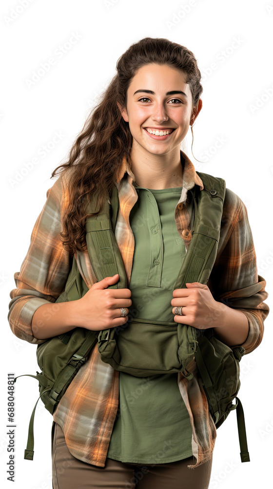 smiling university student woman standing wearing a green shirt and backpack isolated on a white background smiling university student woman standing wearing a green shirt and backpack isolated on a white background