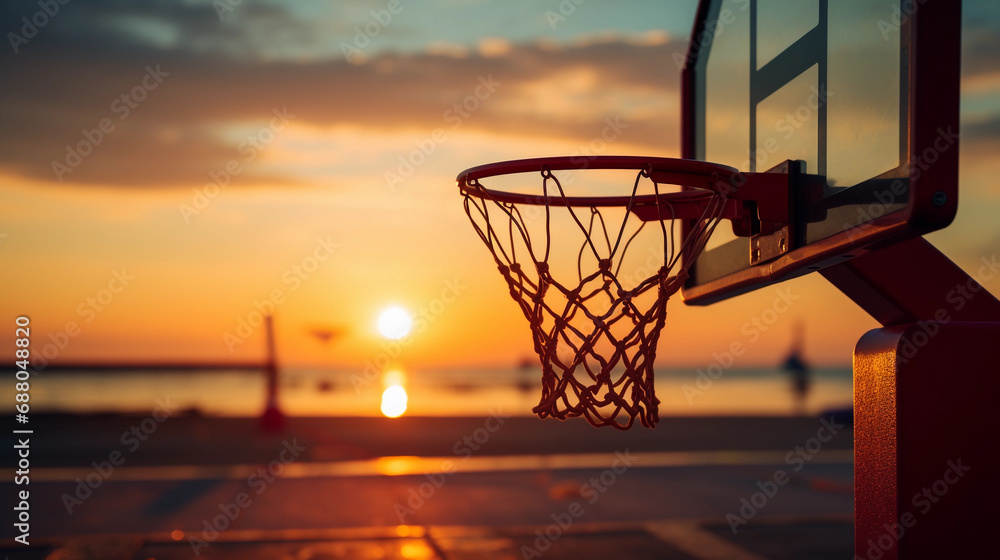 Evening Serenity: A Basketball Hoop Against the Calming Abendrot, Symbolizing Sportive Aesthetics and Peace