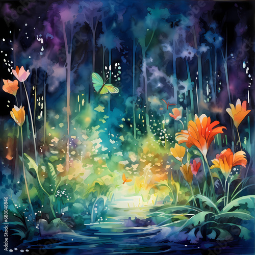 a symphony featuring chromatic watercolor strokes, abstract fireflies in an oasis setting
