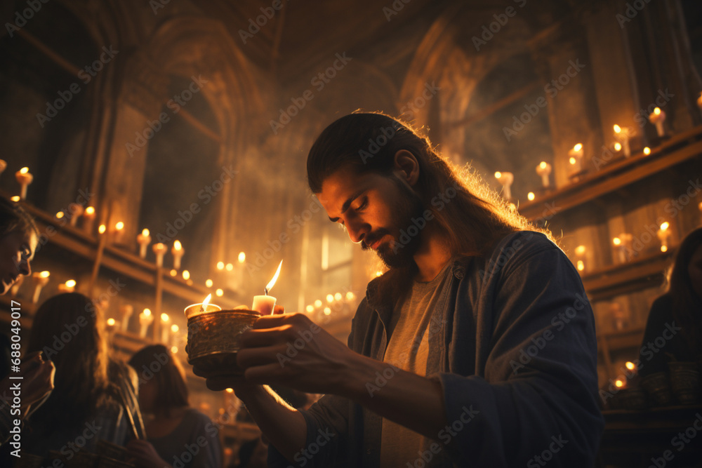 People lighting candles in church in celebration of greek easter People lighting candles in church in celebration of greek easter