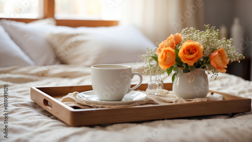 Tray with a cup of coffee  vase with flowers on the bed in the room