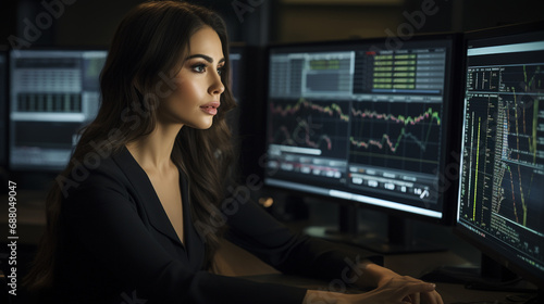 Businesswoman analyzing stocks and commodities on multi-monitor setup, AI Generated