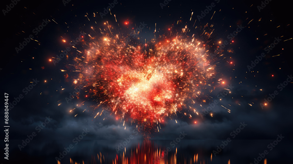 A sparkling heart shaped fireworks display, a radiant celebration of love and passion under the night sky. Perfect for capturing the essence of romance on special occasions. A sparkling heart shaped fireworks display, a radiant celebration of love and passion under the night sky. Perfect for capturing the essence of romance on special occasions.