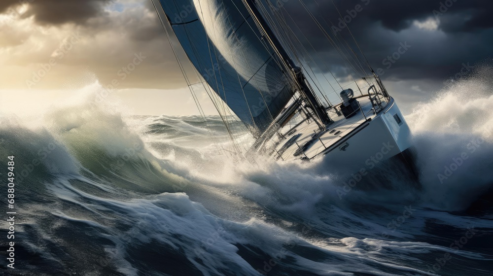 Close-up of a yacht in a stormy sea - obrazy, fototapety, plakaty 