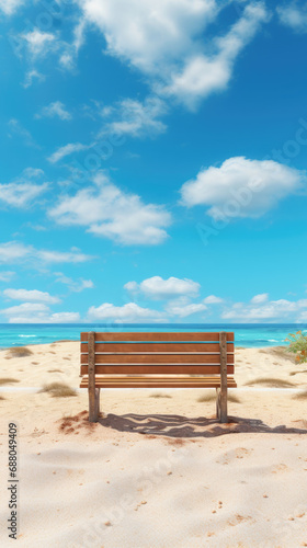empty old wooden bench on a sandy hill in the middle of the island on a sunny day and blue sky with a view of the wide blue sea on the horizon created with Generative AI technology © AstraNova