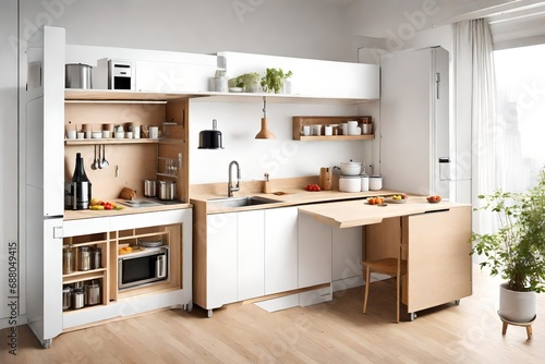 A compact kitchenette with clever storage solutions, fold-out counters, and multifunctional furniture for small spaces. © WOW