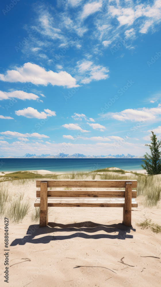 empty old wooden bench on a sandy hill in the middle of the island on a sunny day and blue sky with a view of the wide blue sea on the horizon created with Generative AI technology