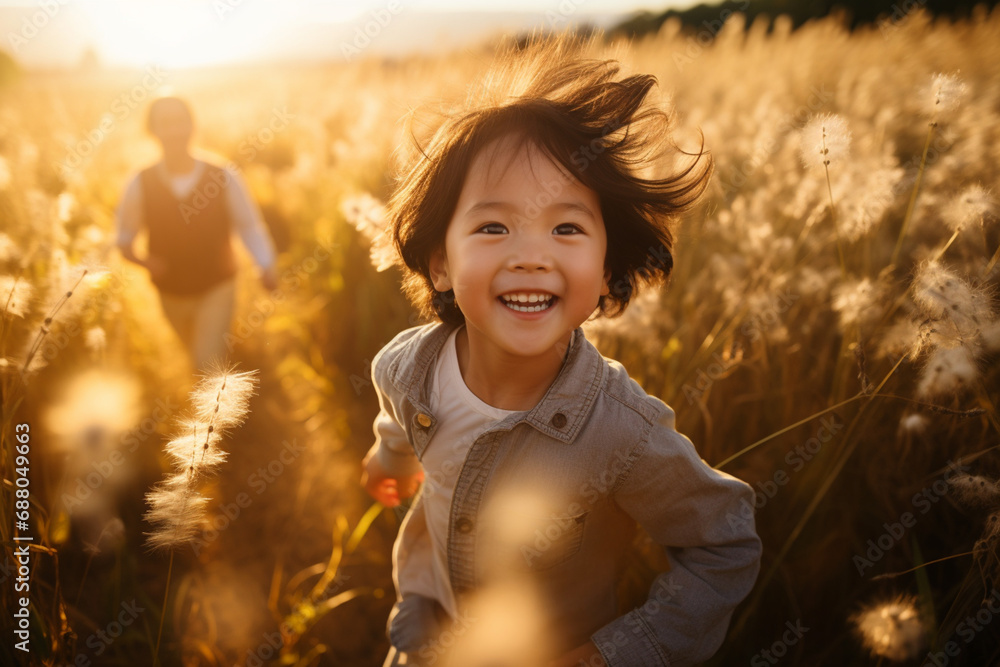 A little boy runs happily in the meadow. indicates independence. The atmosphere of the golden light of the setting sun. A little boy runs happily in the meadow. indicates independence. The atmosphere of the golden light of the setting sun.