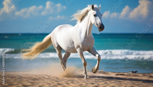 horse running on a beach on front of ocean