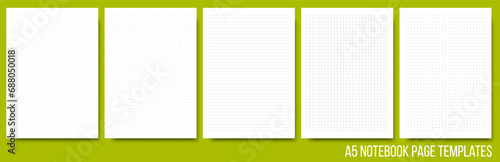 Notepad page layouts set in lined, squared, dotted, cross pattern. Note, notebook paper sheet on background. Vector illustration. Collection of white paper blank for memo or message. Print size A5