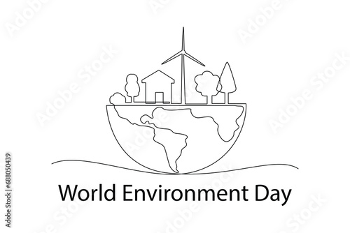 One continuous line drawing of World Environment day concept. Doodle vector illustration in simple linear style.