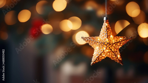 Enchanting Holiday: Luminous Star Ornament Illuminating a Christmas Tree with Magical Glow