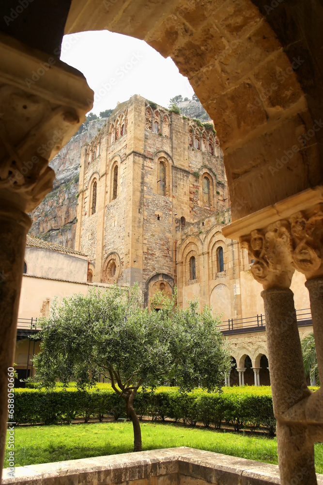 View of the cloister of Cefalu Cathedral, Sicily, Italy