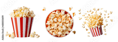 Top and side view of popcorn bucket set with popcorn in flight, Isolated on Transparent Background, PNG
