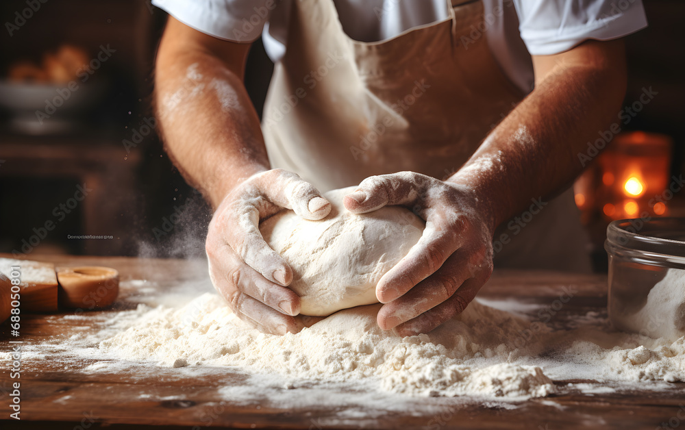 Manos de panadero latino creando pan de masa madre para hornear