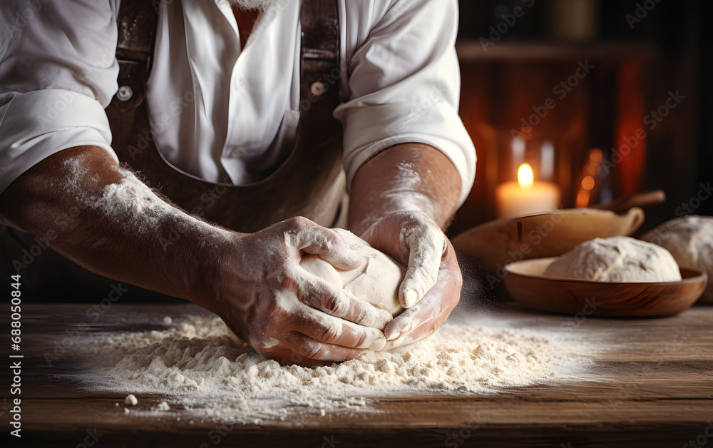 Tradición en Cada Masa: Panadero Experto manos de panadera creando pan de masa madre y pan artesanal para horneado