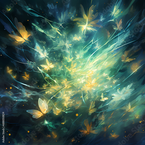 a digital whirlwind featuring abstract fireflies with watercolor-inspired strokes influenced by quantum mechanics