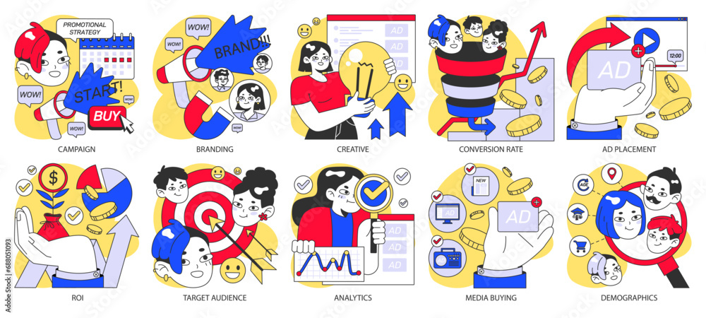 Obraz premium Advertising agency set. Strategies and targets in marketing. Dynamics in ads, brand identity creation. Engaging content for audience. Flat vector illustration.