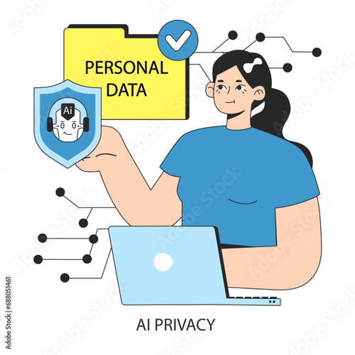 AI ethics concept. Woman using laptop, ensuring AI's commitment to privacy. Protection of personal data with a shield. Digital or cyber security. Flat vector illustration.