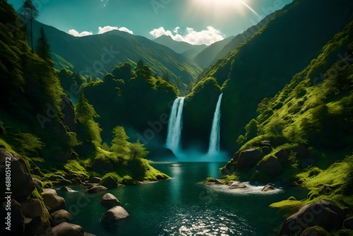A panoramic vista capturing the beauty of cascading waterfalls against a backdrop of vibrant, green mountainous terrain.