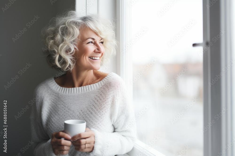 Portrait of happy senior woman standing at home near window. Smiling beautiful old woman relaxing Portrait of happy senior woman standing at home near window. Smiling beautiful old woman relaxing
