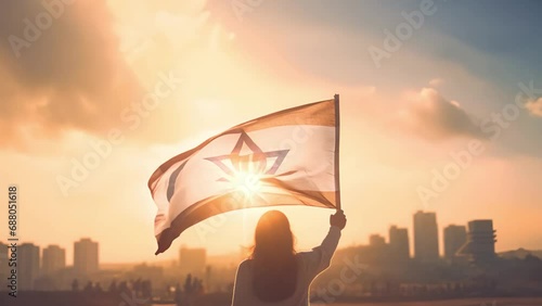 Woman raising flag of Israel. feminism,human rights,conflict Palestina concept. Jewish girl standing with the flag of Israel on the amazing valley and city and sky background. Memorial day-Yom, photo