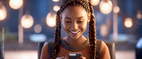 Ein Mädchen mit Zöpfen, jung und hübsch sieht auf ihr Smartphone und lächelt.